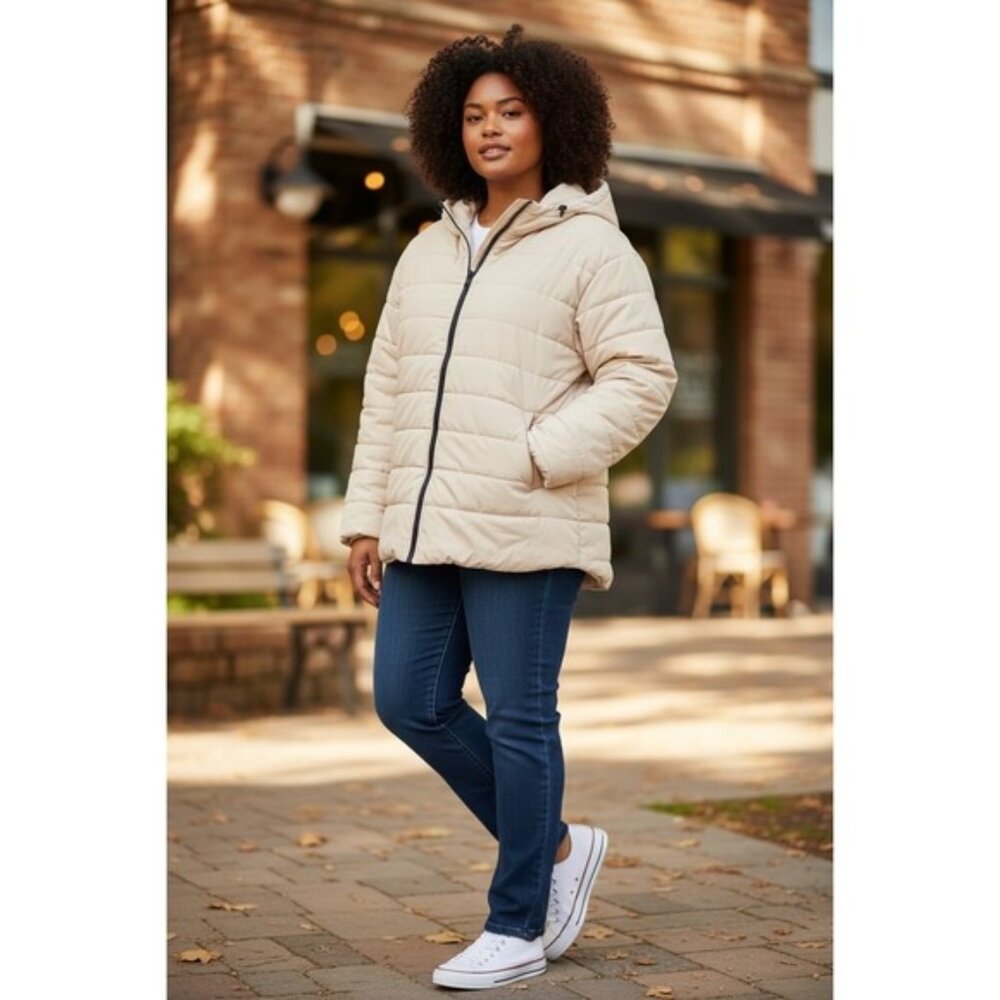 Wild Fable Womens Puffer Jacket Cream Beige Quilted Hooded Full Zip 2X
